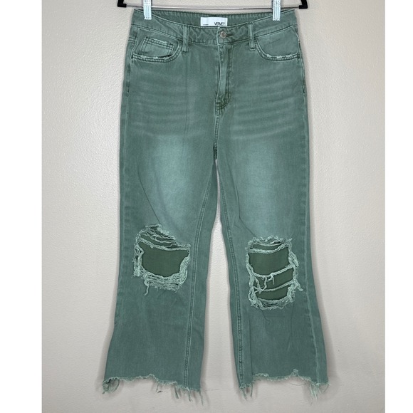 Vervet Camo Green Leslie 90s Vintage Flare Distressed Denim Jean Size 27 Cropped - Picture 2 of 7